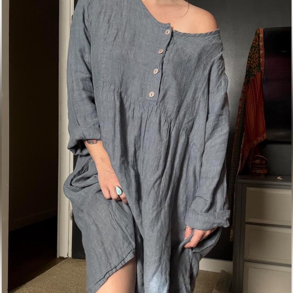 FLAX 100% Linen Long Sleeve Blue Midi Dress